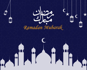 Ramadan Mubarak in Arabic Calligraphy greeting card, banner, poster. Vector illustration.

