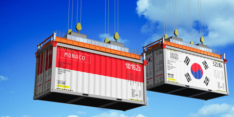 Shipping containers with flags of Monaco and South Korea - 3D illustration