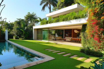 modern minimalist mini house with grass lawn, flowers garden and many tropical plants, mini pool