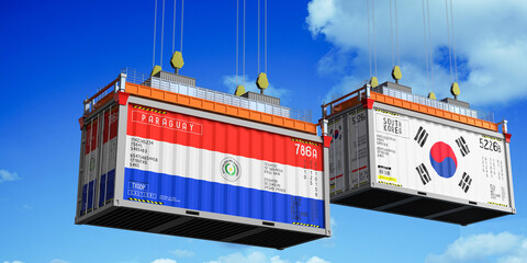 Shipping containers with flags of Paraguay and South Korea - 3D illustration