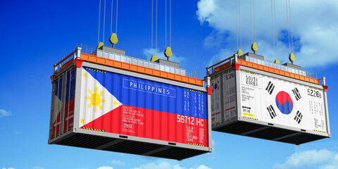 Shipping containers with flags of Philippines and South Korea - 3D illustration