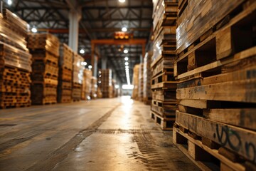Organized chaos in a bustling warehouse with stacked wooden pallets.