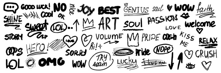 Doodle word scribble set, hand drawn sketch vector icon, messy handwriting lettering collection. Pencil ink wall inscription comic emotion sign, heart, stars, emphasis elements. Simple doodle word