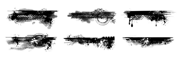 Grunge border set, vector black ink splatter stain, paint brush stroke kit, graffiti texture splash. Abstract dirty blob, messy shape drawing collection isolated on white. Grunge border print element © Oleksandra