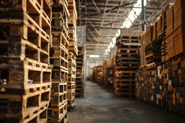 Organized chaos in a bustling warehouse with stacked wooden pallets.