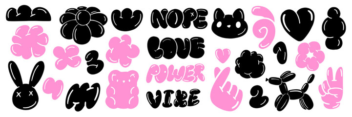 Bubble y2k sticker set, vector groovy playful shape kit, funky cute tattoo print, heart, bunny. Minimal funny balloon comic object, cartoon flowers, clouds, words, dog. Bubble sticker collection