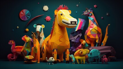 Fototapeta premium Colorful shapes forming and transforming into different animals, offering a visually captivating and whimsical experience