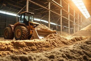 Bulldozer pushing pile of dried paddy rice inside a huge bulk storage warehouse. Rice mill plant.