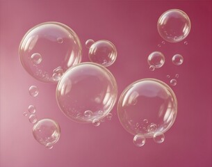 Abstract beautiful transparent soap bubbles floating on pink background, romantic Valentine's backgrounds.