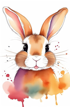 Watercolor illustration of a cute bunny rabbit sitting on a colorful background