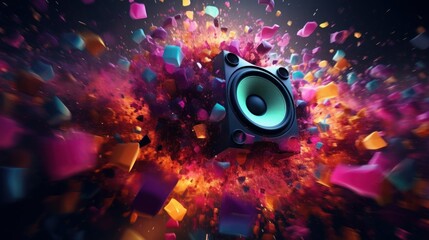 Creative audio speakers pulsating and emitting colorful particles, representing the power and impact of sound
