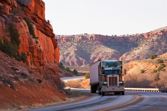 Classic American semi truck with two compact bulk semi trailers in Arizona twilight.