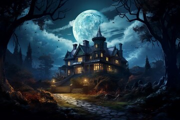 Mysterious Mansion night. Scary castle dark. Generate Ai - obrazy, fototapety, plakaty