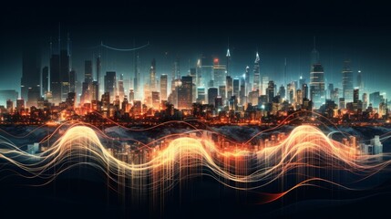 Obraz premium Creative audio waveforms transforming into vibrant landscapes and cityscapes, symbolizing the fusion of sound and visual aesthetics