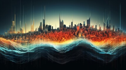 Fototapeta na wymiar Creative audio waveforms transforming into vibrant landscapes and cityscapes, symbolizing the fusion of sound and visual aesthetics
