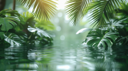 Water and tropical plants background with space for your text