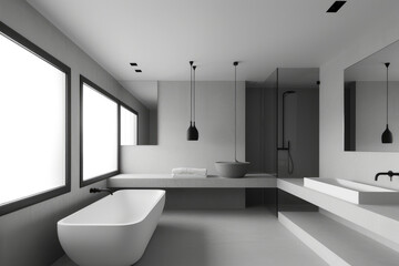 Fototapeta na wymiar Featuring minimalist bathroom architecture with clean lines, sleek surfaces, and a monochrome color palette, illuminated by natural light for a serene ambiance.