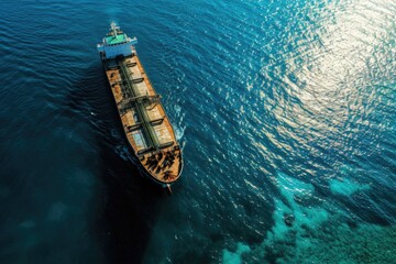 Aerial drone photo of huge industrial bulk carrier tanker anchored in deep blue Aegean sea