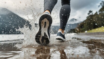 Young woman running in rainy weather, water and mud splashes as her feet hits the ground, low angle...