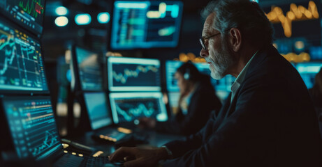 A male broker watches stock growth figures on monitors - obrazy, fototapety, plakaty
