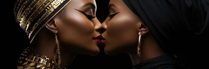 portrait of two black women with decorative minimal gold parts on a black background	
