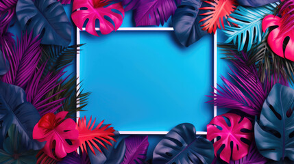 Vibrant blue and pink frame with tropical leaves as the background
