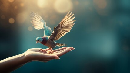 Symbolic image of a person's hand releasing a bird, representing the evaluation and liberation of life's burdens - obrazy, fototapety, plakaty