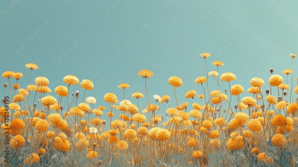 Poster A field with yellow dandelions and a blue sky