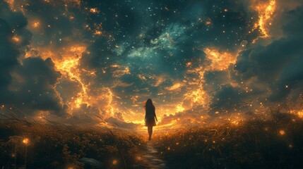 Fototapeta premium Design of a girl walking into a dream pathway, future, dream, sky, stars, fantasy illustration