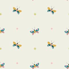 Seamless pattern of flying butterflies. Vector illustration in vintage style on white background.