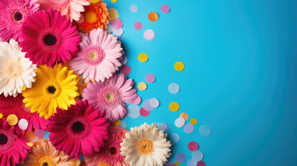 Fototapeta na wymiar Vibrant flat lay with gerbera daisy flowers on background with confetti