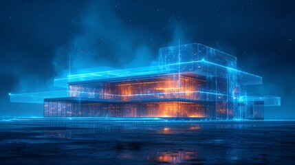 Construction. Wireframe building under croune on dark blue night sky. Architecture, development, or construction illustration or background.