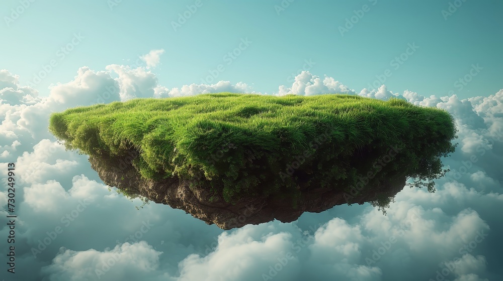 Aufkleber A floating slice of land with a green grass surface and soil. A 3D rendered grass field flying in the air with clouds and a grass texture.