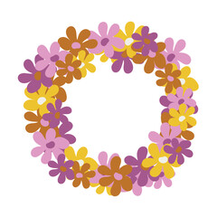 Bright beautiful wreath of flowers isolated on a white background. Decorative round frame in neutral colors. Unique design for greeting cards, banners, flyers. Vector. Hand-drawn.