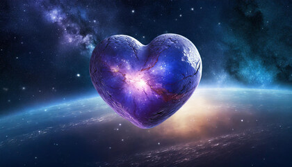 Naklejka na ściany i meble A heart drifting through cosmic system space.glowing purple planet, diverges from the blue void of the universe.