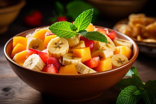 A bowl of tropical fruit salad with fresh bananas - Powered by Adobe
