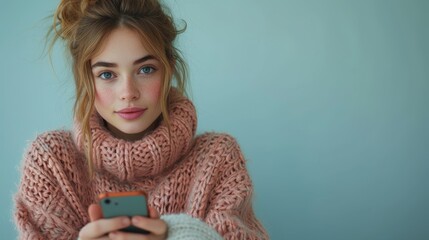 Wearing a knitted sweater with a mobile phone in hand, she stands on a desktop isolated on a plain pastel light blue cyan background. Concept of lifestyle.
