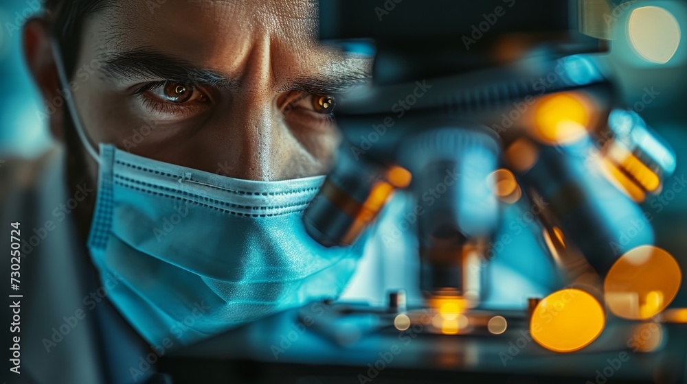 Poster in this ultra macro shot, we see a male scientist wearing a surgical mask and looking into a microsc