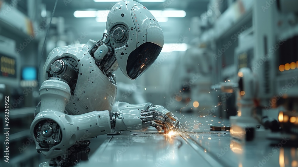 Leinwandbilder An engineer checks and controls welding robotics automatic arms machines with monitoring systems. Industry 4.0 manufacturing.