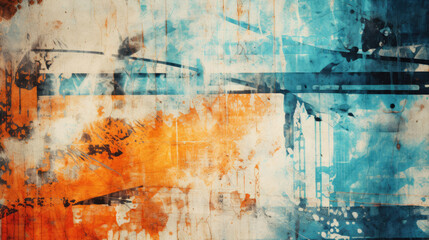 Vintage grunge blue and orange and white collage background