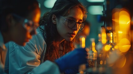 In a modern medical research laboratory, two scientists analyze samples together and discuss innovative technologies. Advanced scientific lab for biotechnology and molecular biology.