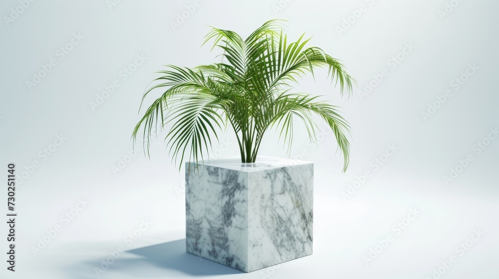 Aufkleber With copy space - 3D rendering of white marble cube and square box podium with palm leaves. Concept Scene Stage Showcase for the launch of new products, sales promotion, banners, presentations,