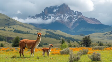 an adult llama and a baby llama in a field with mountains in the background and clouds in the sky.