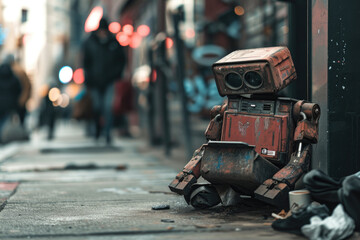 old abandoned homeless robot in the city streets - obrazy, fototapety, plakaty