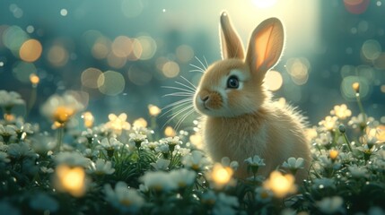 Fototapeta na wymiar a rabbit is sitting in the middle of a field of flowers with the sun shining through the blurry background.