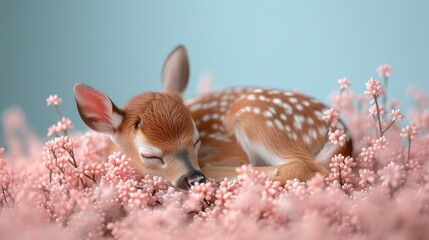 Obraz na płótnie Canvas a baby deer is sleeping in a field of pink flowers with its eyes closed and it's head resting on it's side.