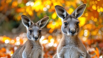 a pair of kangaroos standing next to each other in front of a tree with orange leaves in the background.