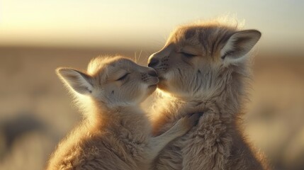 a couple of baby animals standing next to each other on top of a grass covered field with a sky background.