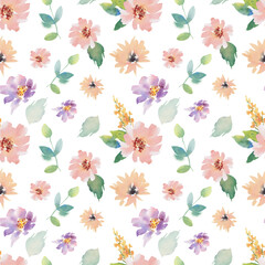 Watercolor flowers on an isolated background. Seamless pattern. Collage. Handmade work. Colorful illustration. Peach fuzz wedding. Anemones, peonies, roses, hollyhocks, gerbera, cynia.