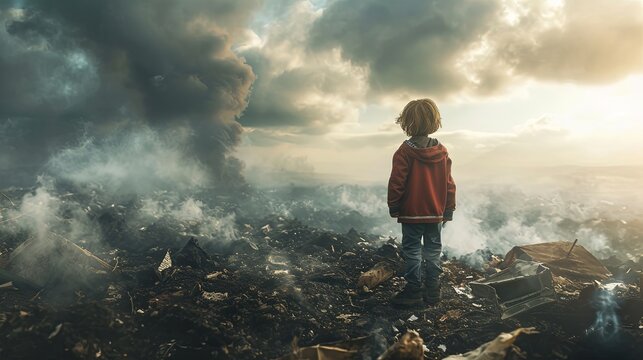 A low-income boy standing in the middle of a smoking garbage dump on the outskirts. generative ai
